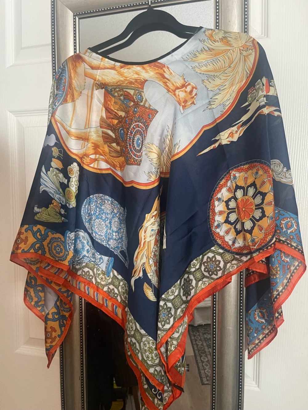Navy & Orange Printed Silk-Feel Poncho Blouse
